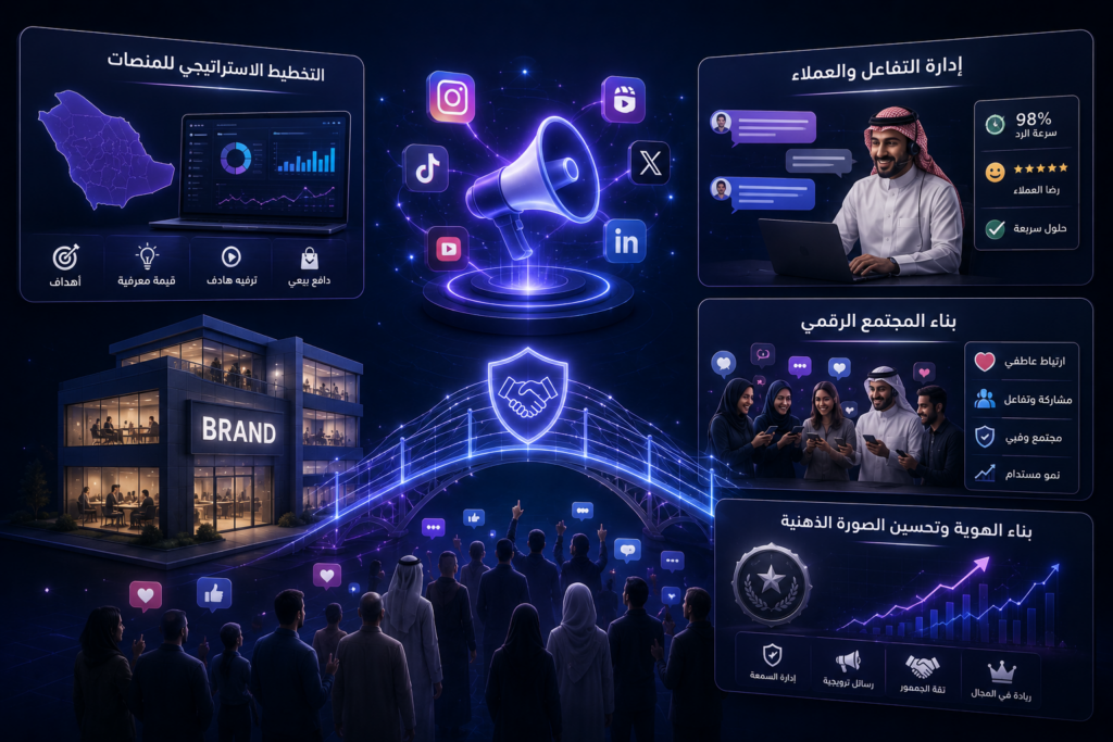 شركة إدارة منصات التواصل الاجتماعي في السعودية. نُدير حساباتك على إنستجرام، تيك توك، سناب شات، X وLinkedIn باستراتيجية مدروسة تبني مجتمعاً رقمياً وفياً حول علامتك التجارية.
