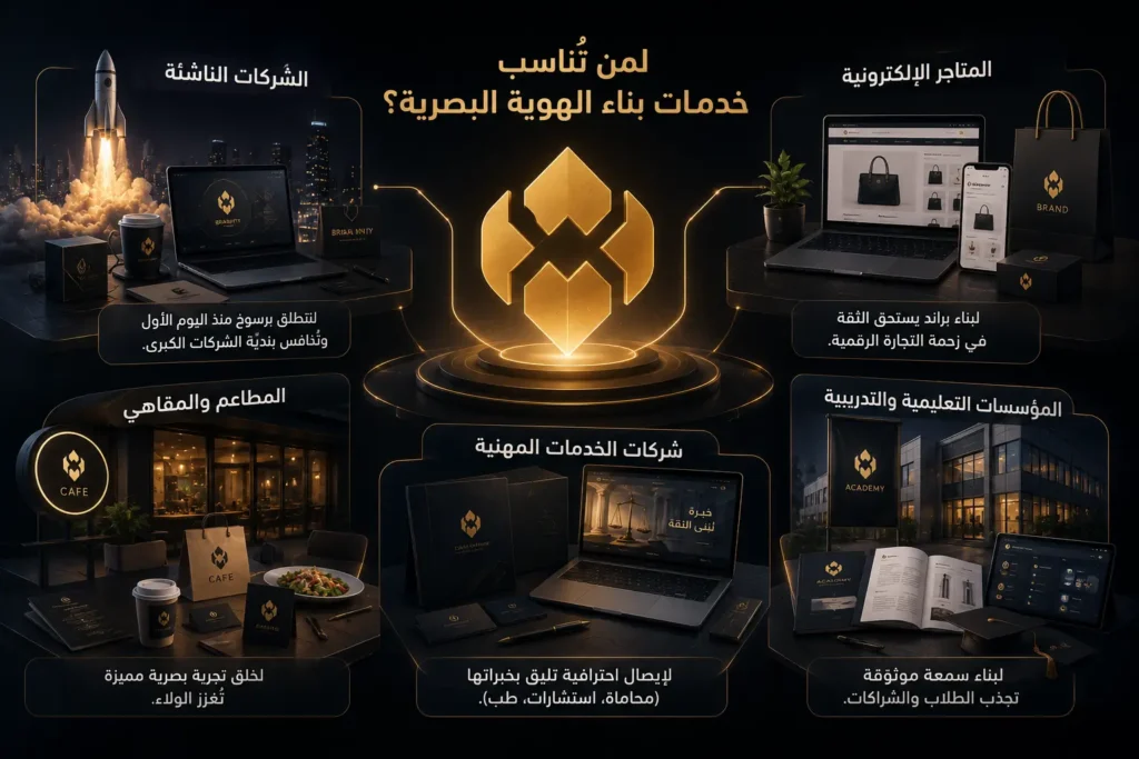 شركة تصميم الهوية البصرية والبراندينج في السعودية. نُصمم شعارات احترافية، هويات تجارية متكاملة، وملفات شركات تعريفية تمنح علامتك حضوراً يسبق منافسيك.