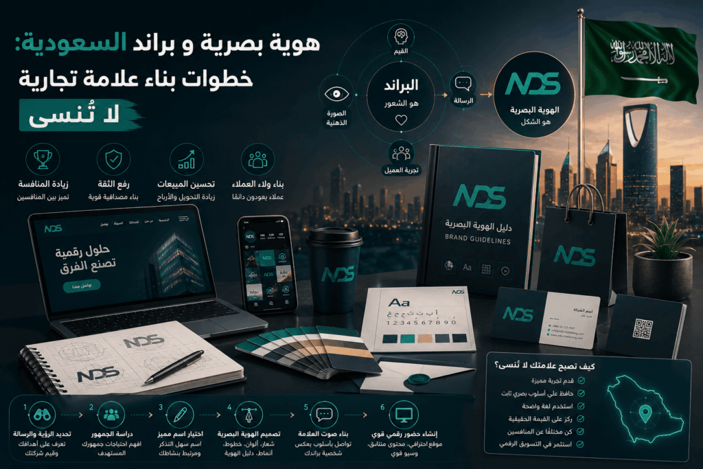 هوية بصرية و براند السعودية: خطوات بناء علامة تجارية لا تُنسى